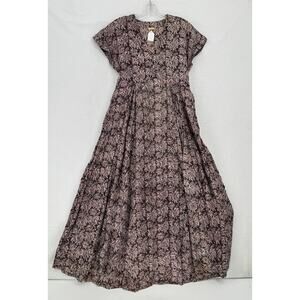 Matta Brown Floral Cotton V Neck Short Sleeve Long Maxi A Line Dress Sz S